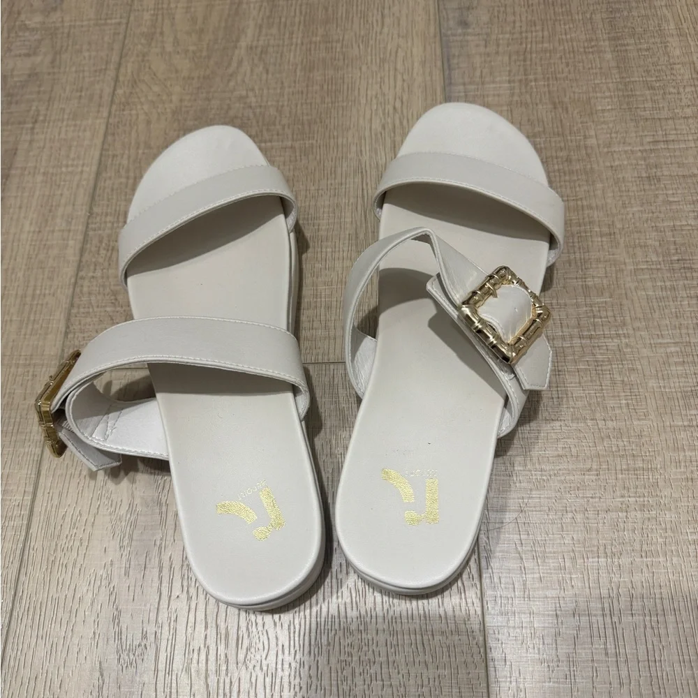 Size 9 White Sandals with Gold Buckle